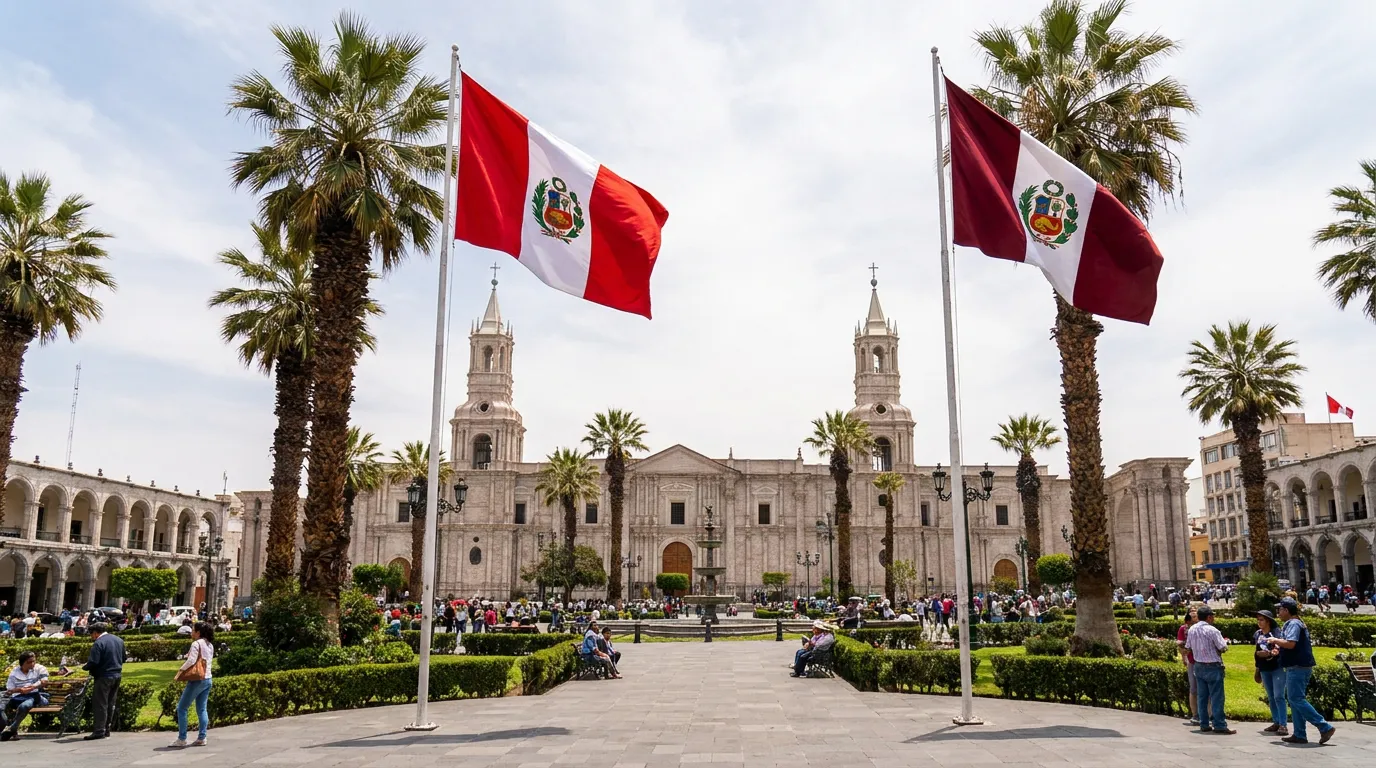 Plaza de Armas in Arequipa, surrounded by sillar-stone arcades and cafés