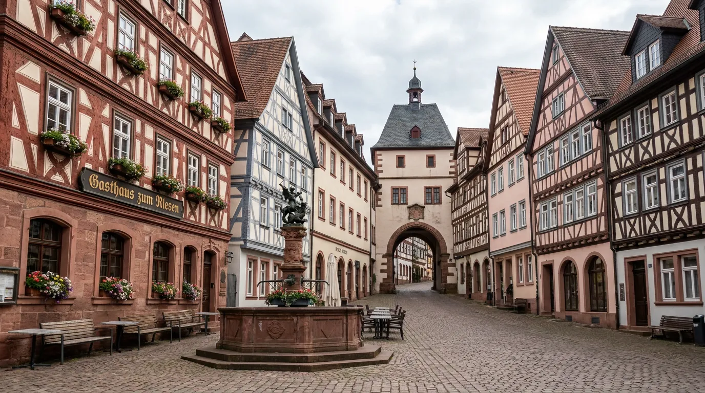 Alter Marktplatz mit Schnatterloch und Fachwerkhäusern in Miltenberg