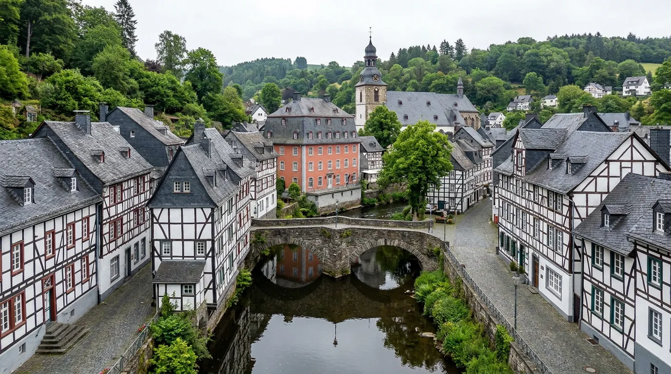 Historische Altstadt von Monschau mit Fachwerkhäusern im Rurtal