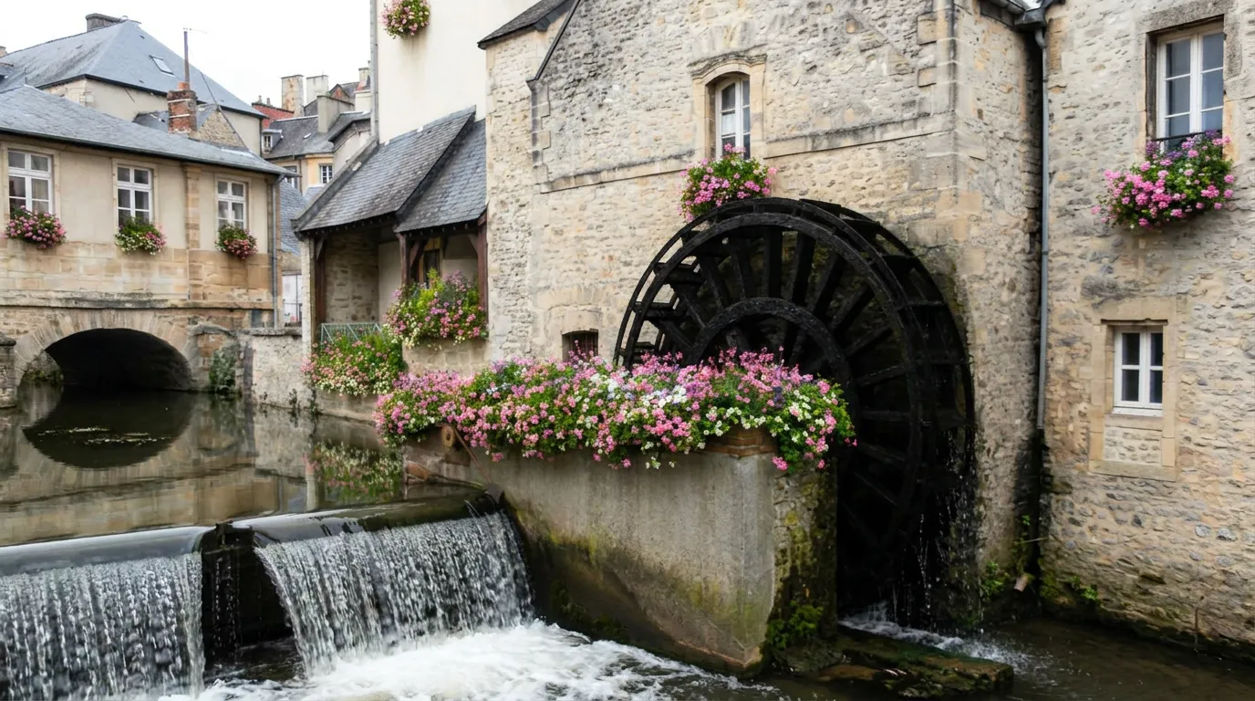 A roda de água (Water Wheel) de Bayeux, vestígio do antigo moinho da cidade