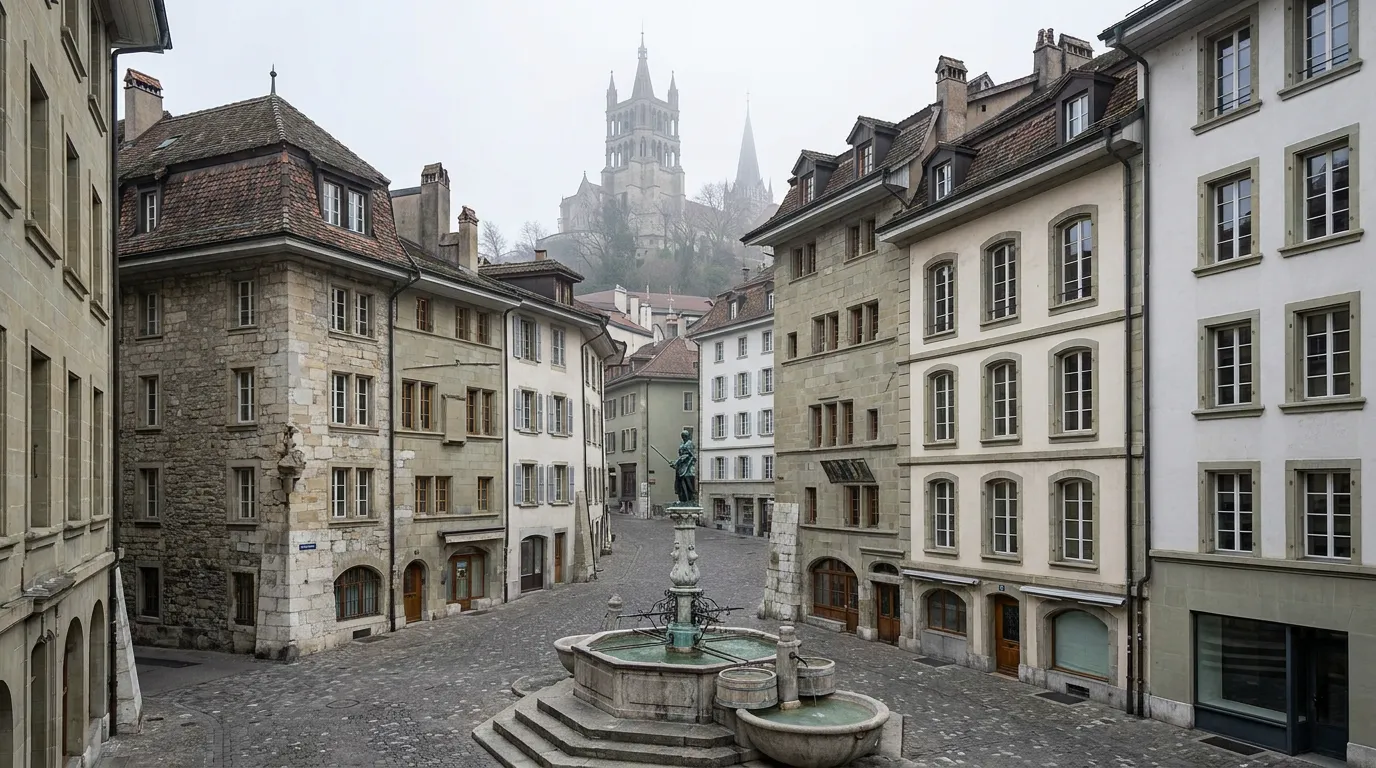 La Place de la Palud à Lausanne, avec l'Hôtel de Ville et la Fontaine de la Justice