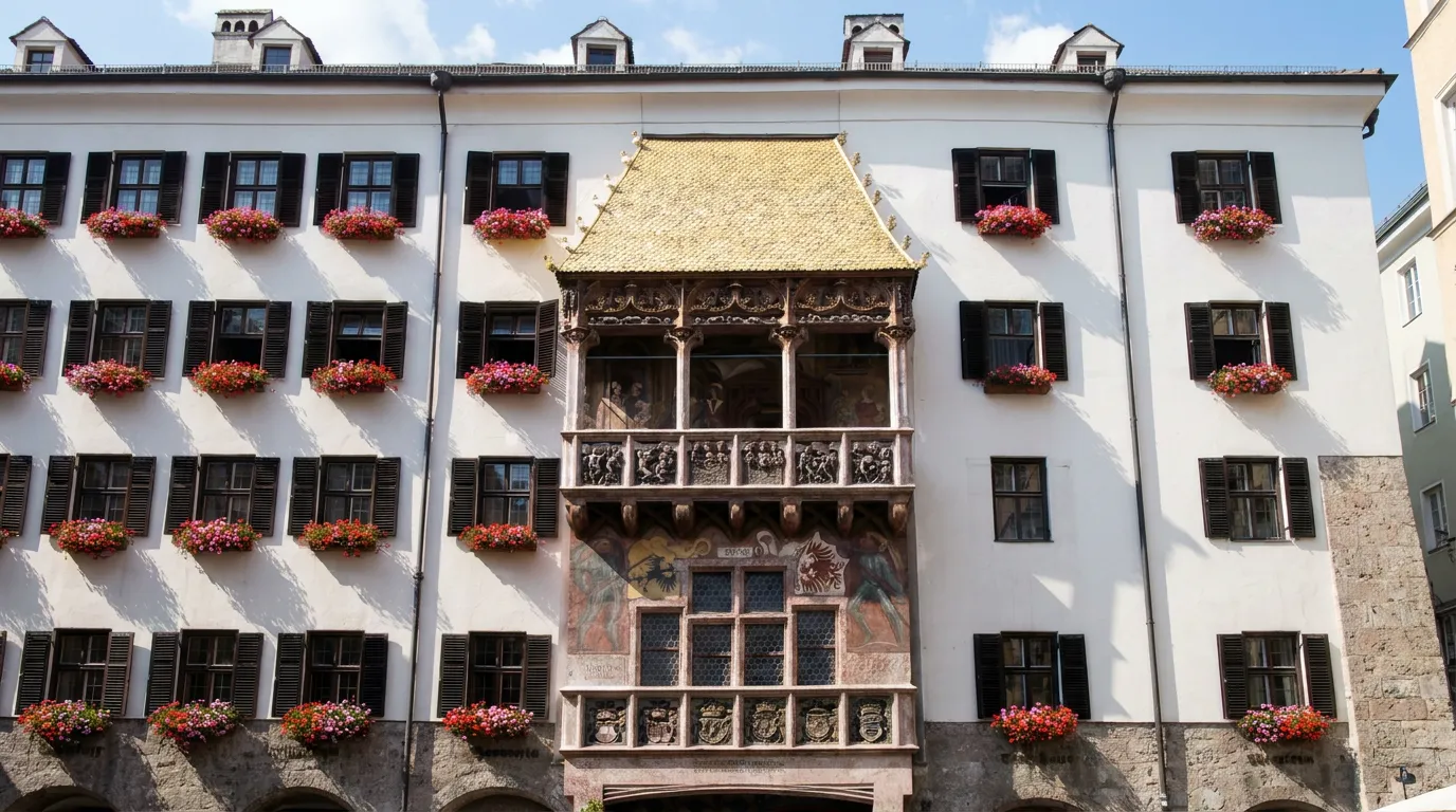 Das Goldene Dachl in der Altstadt von Innsbruck mit vergoldeten Kupferschindeln