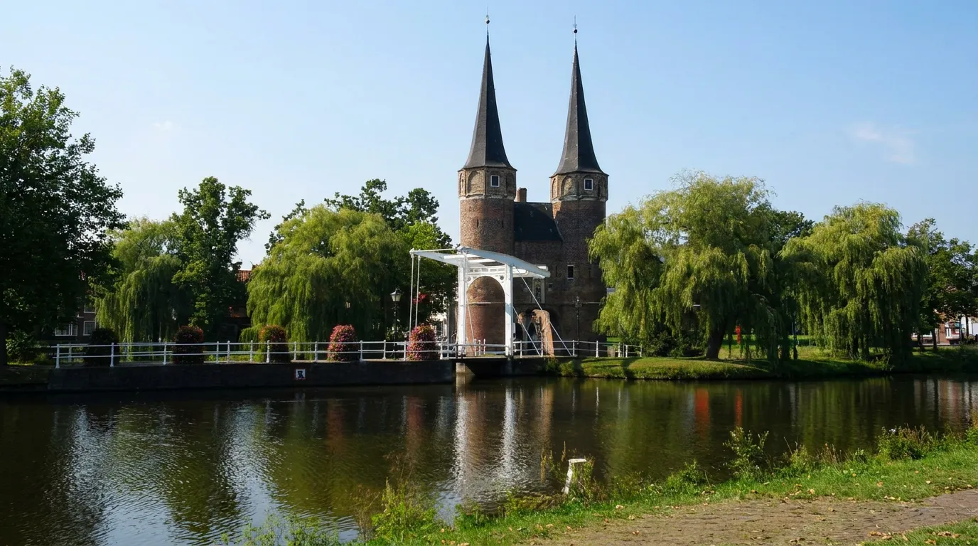 Oostpoort, the last remaining city gate of Delft, reflected in the canal