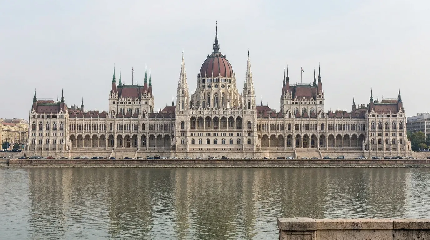 Das beleuchtete Ungarische Parlamentsgebäude an der Donau in Budapest